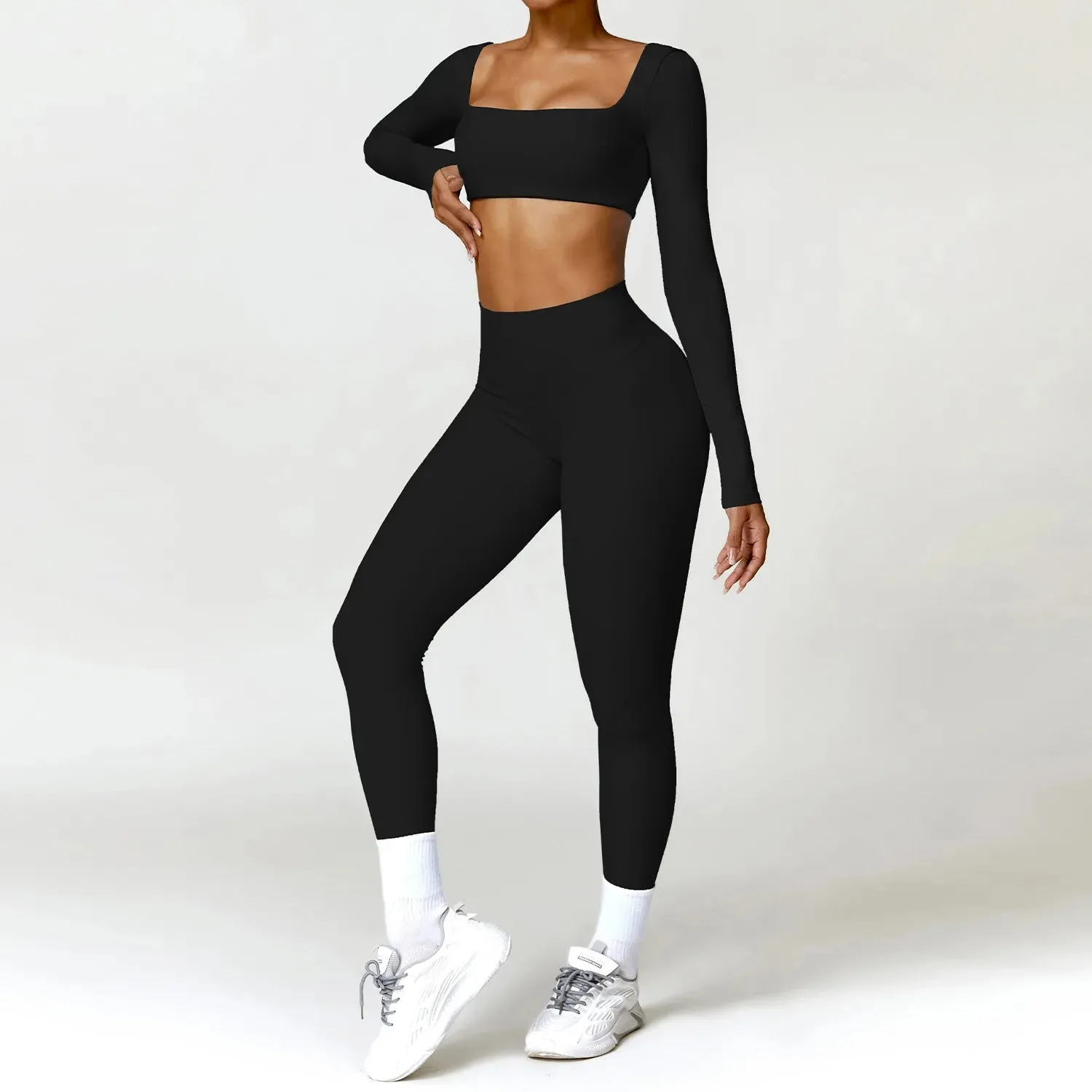 2PCS Yoga Suit Sports Set  Quick-Drying Gym Set  Tracksuit Running Workout Long Sleeve Sports Shirt for Women