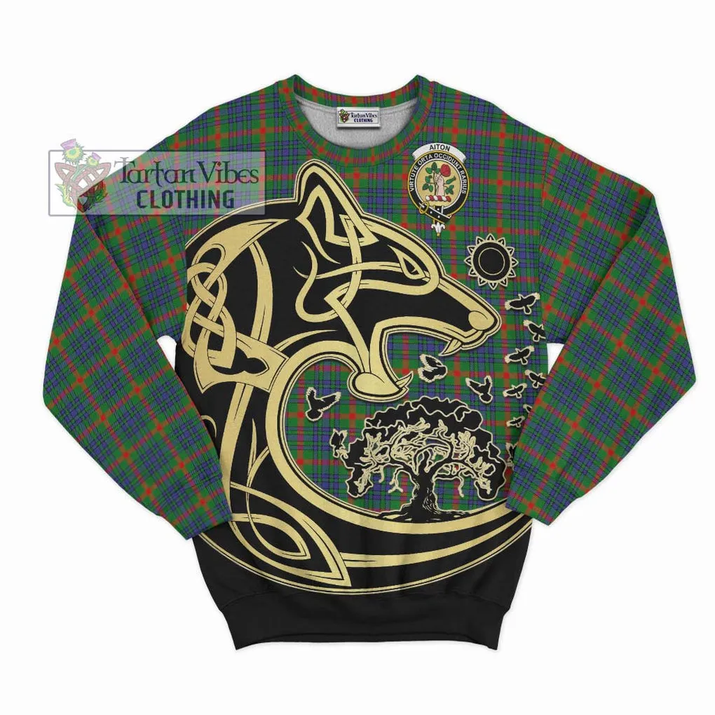 Aiton Tartan Sweatshirt with Family Crest Celtic Wolf Style