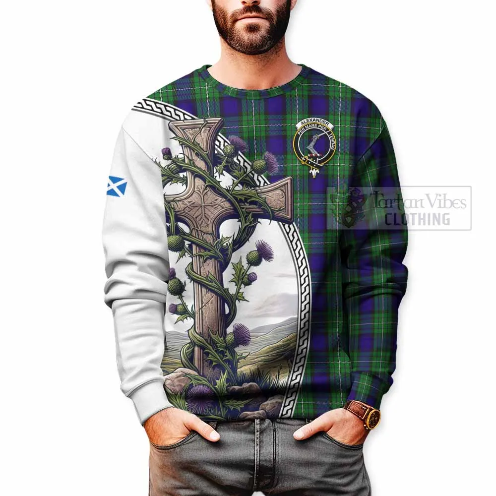 Alexander Tartan Sweatshirt with Family Crest and St. Andrew's Cross Accented by Thistle Vines