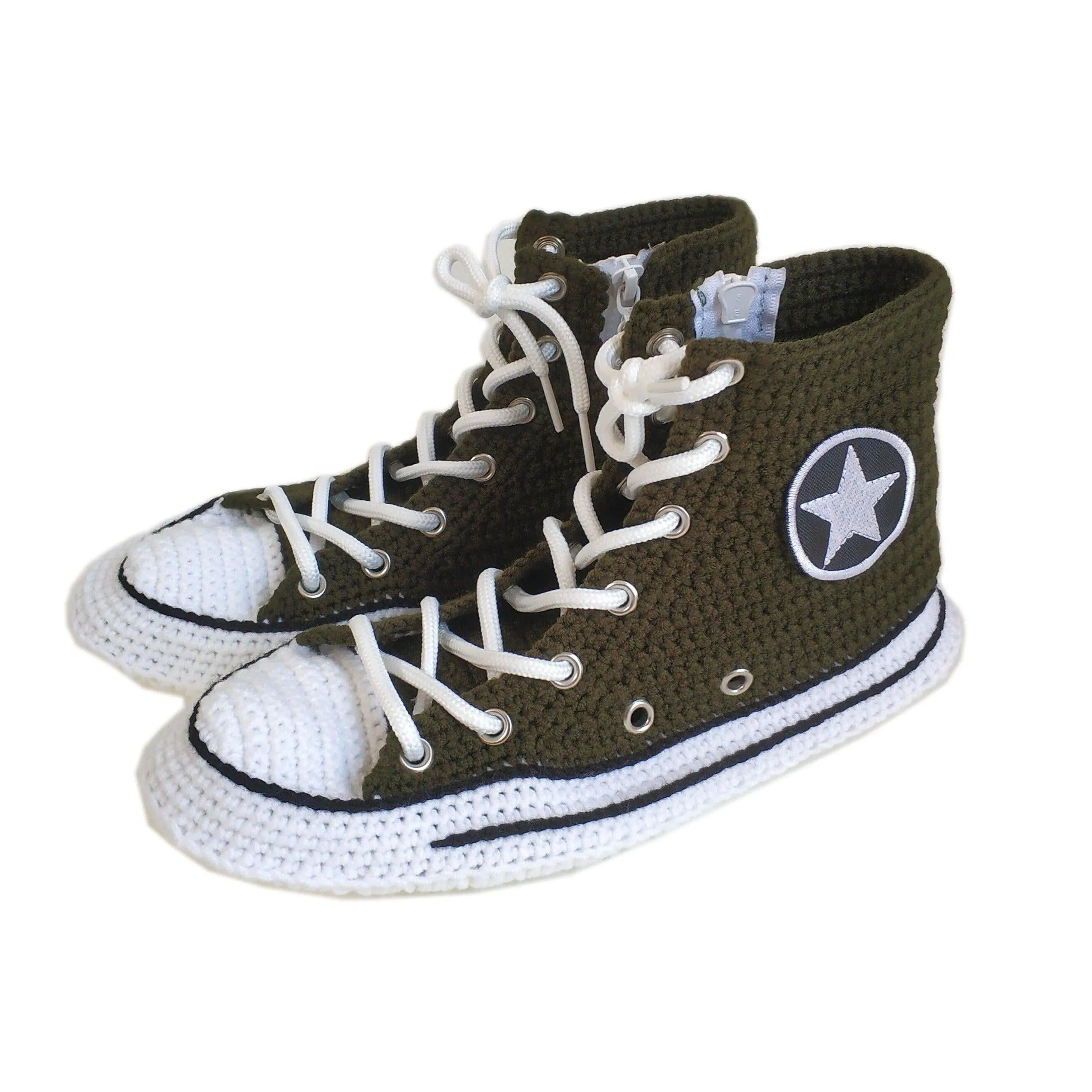 Army Green Military Canvas High Top Sneakers Slippers - Custom Handmade House Plush Shoes