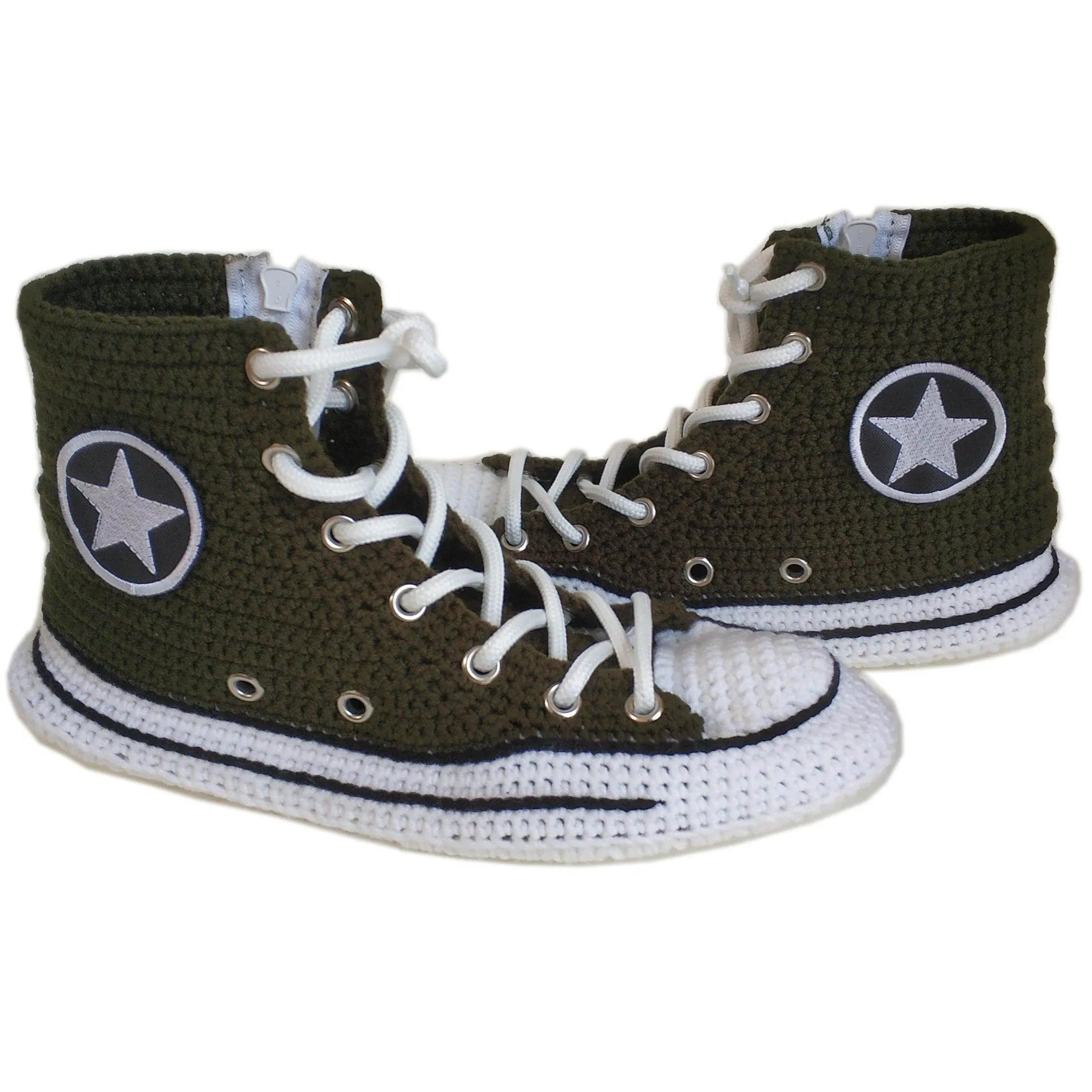 Army Green Military Canvas High Top Sneakers Slippers - Custom Handmade House Plush Shoes