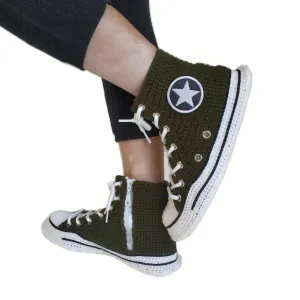 Army Green Military Canvas High Top Sneakers Slippers - Custom Handmade House Plush Shoes