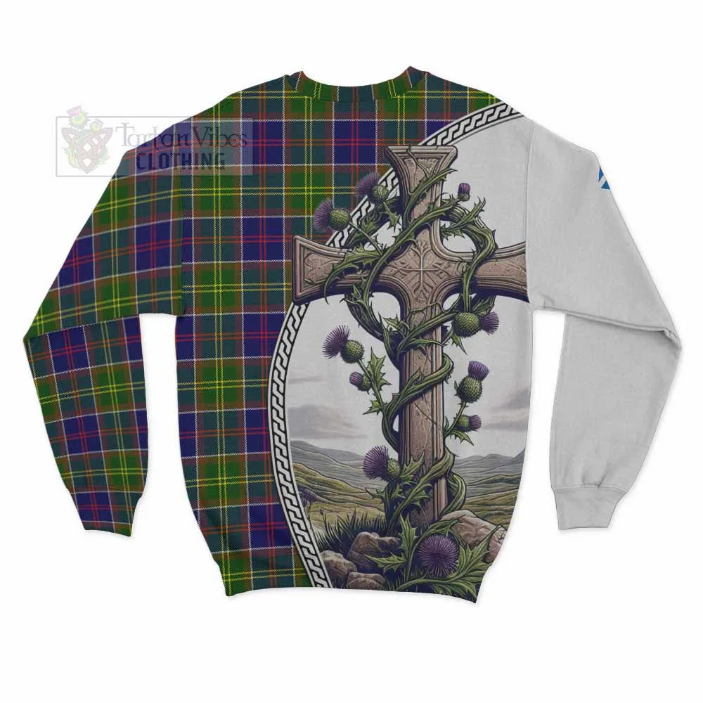 Arnott Tartan Sweatshirt with Family Crest and St. Andrew's Cross Accented by Thistle Vines