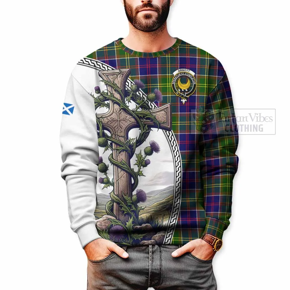 Arnott Tartan Sweatshirt with Family Crest and St. Andrew's Cross Accented by Thistle Vines