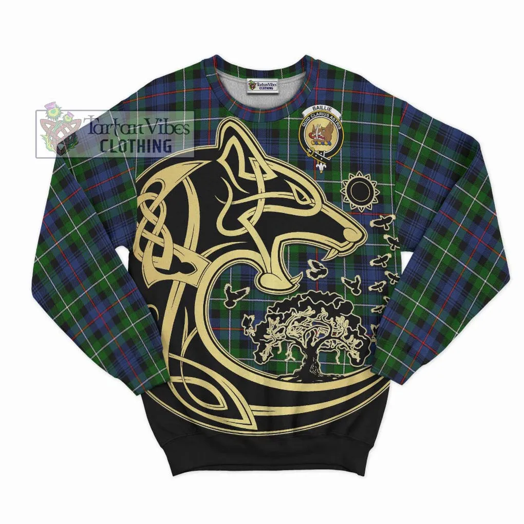 Baillie Tartan Sweatshirt with Family Crest Celtic Wolf Style