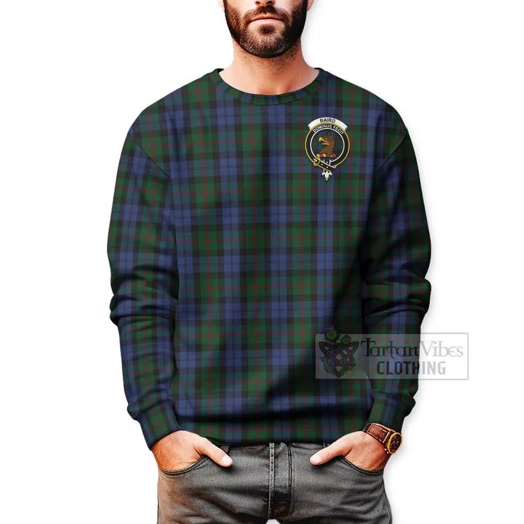 Baird Tartan Sweatshirt with Family Crest and Bearded Skull Holding Bottles of Whiskey