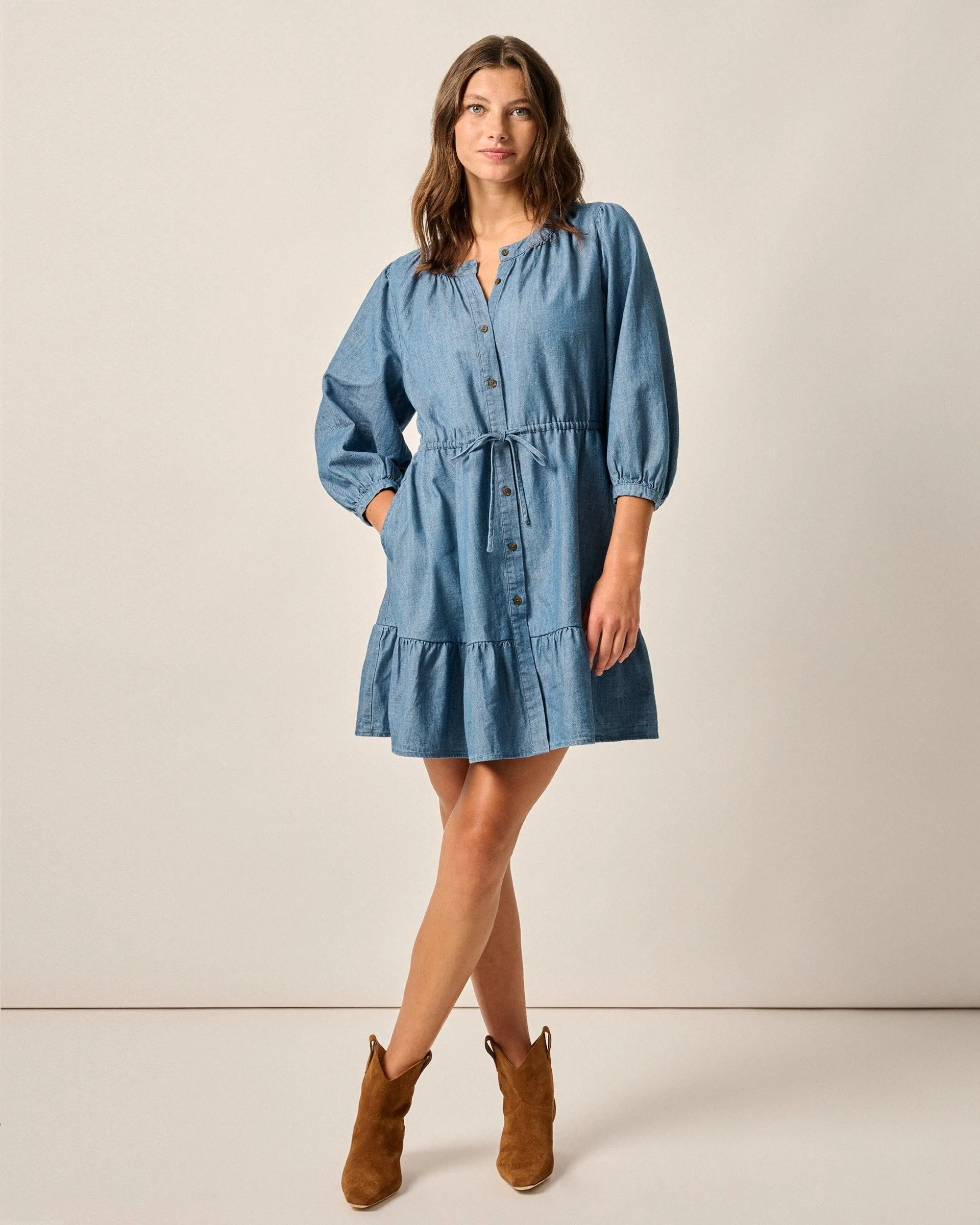 Becca Tiered Chambray Mini Dress