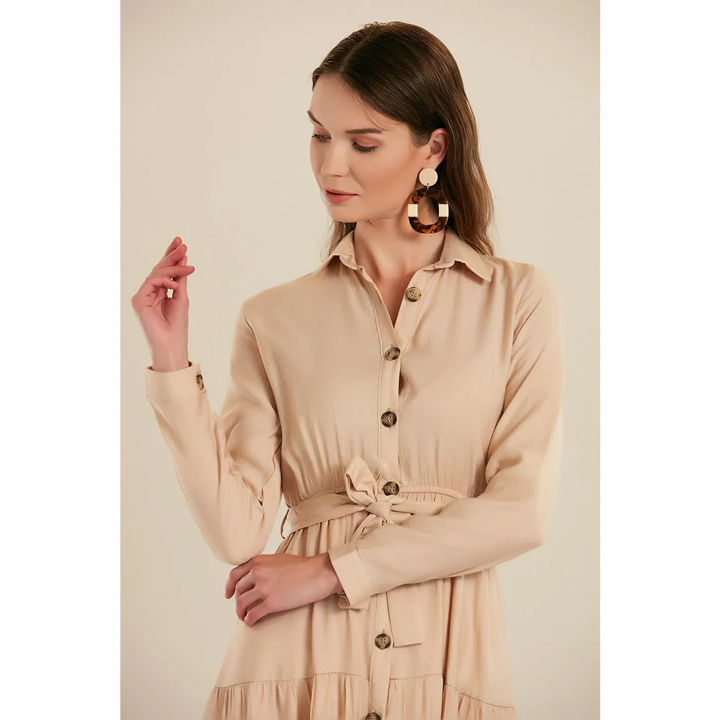 Beige Shirt Collar Buttoned Long Dress