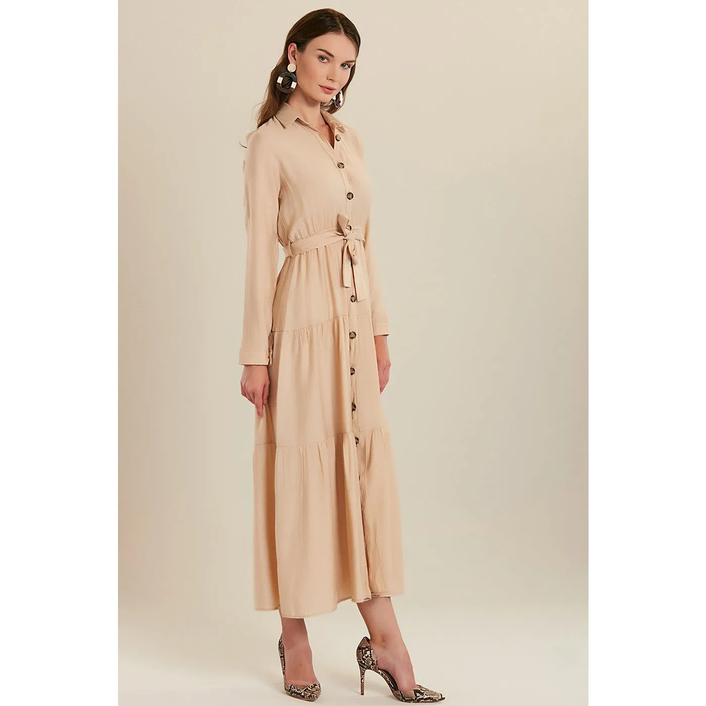 Beige Shirt Collar Buttoned Long Dress