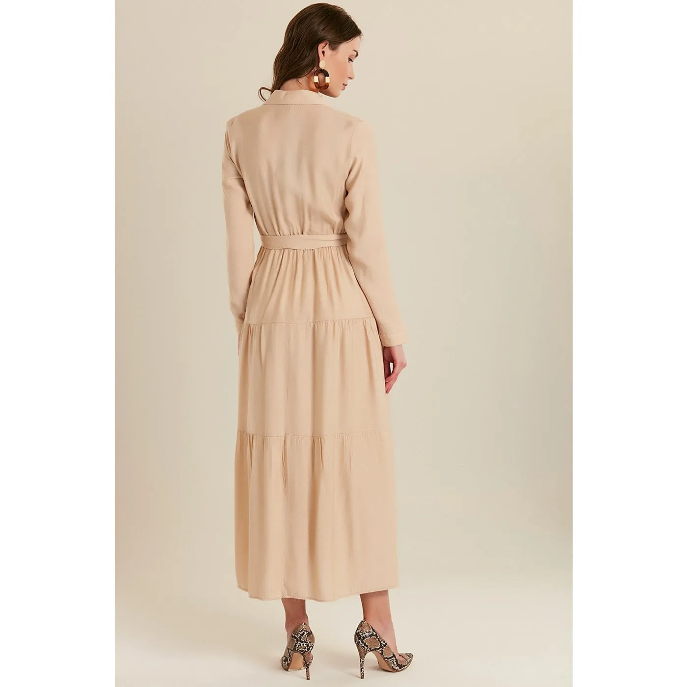 Beige Shirt Collar Buttoned Long Dress