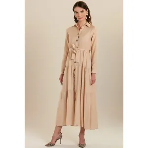 Beige Shirt Collar Buttoned Long Dress