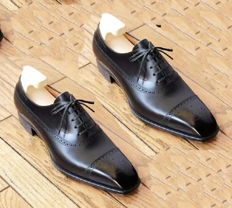 Bespoke Black Leather Cap Toe Lace Up Shoes