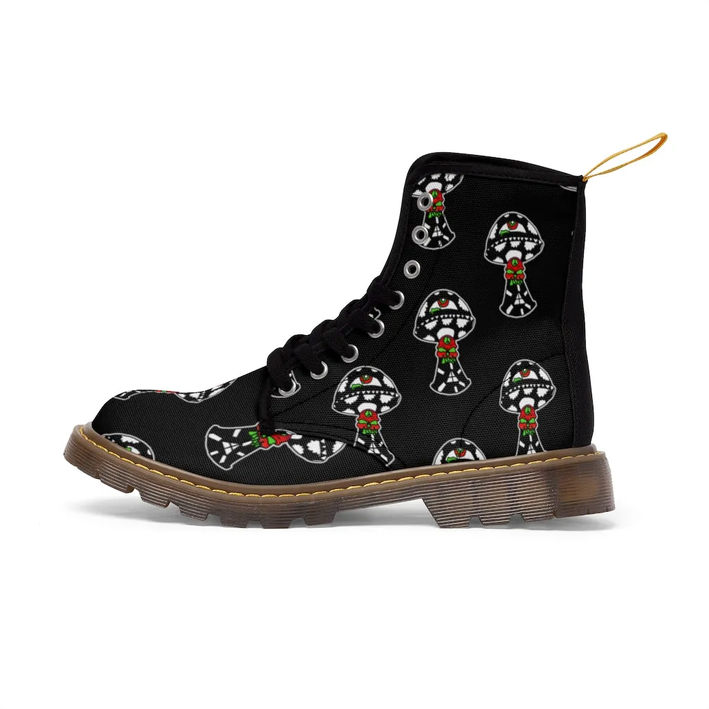 Black and White Skull Shroom Women's Canvas Boots