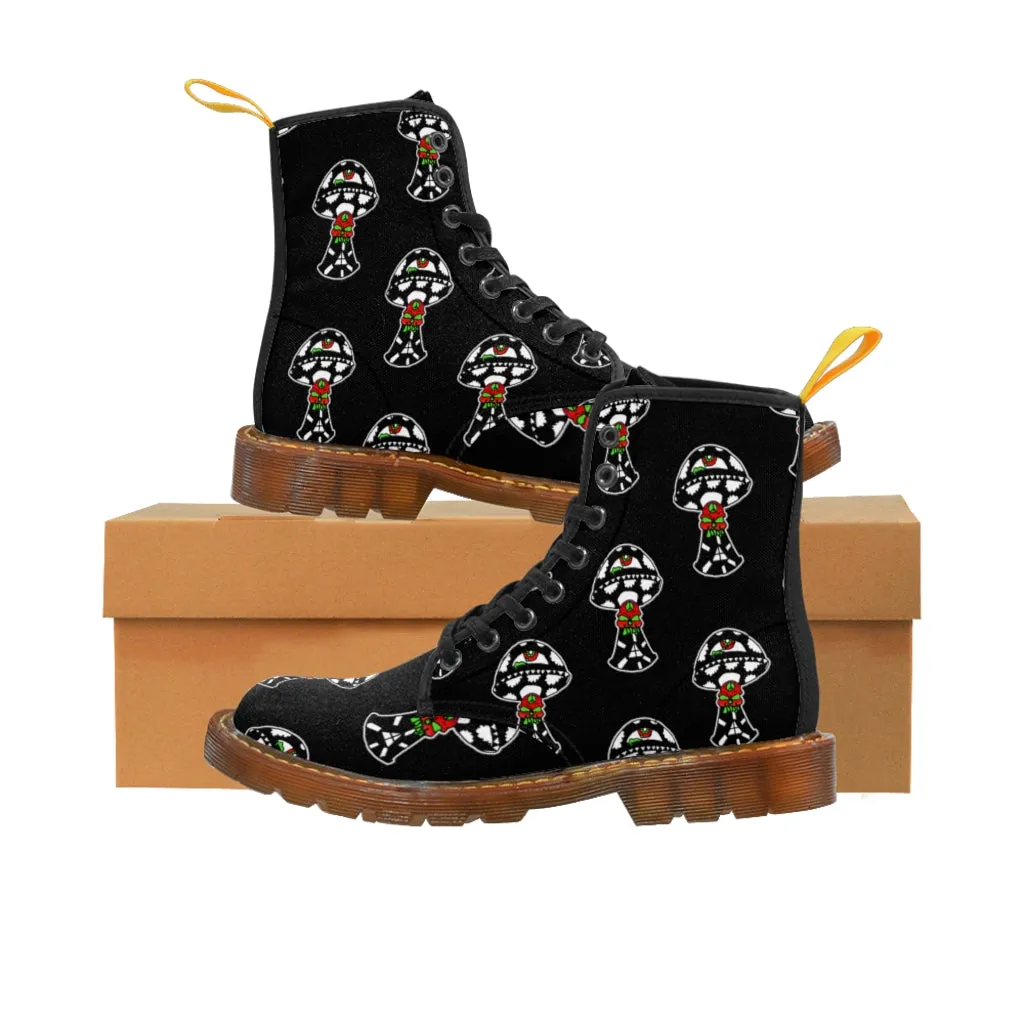 Black and White Skull Shroom Women's Canvas Boots