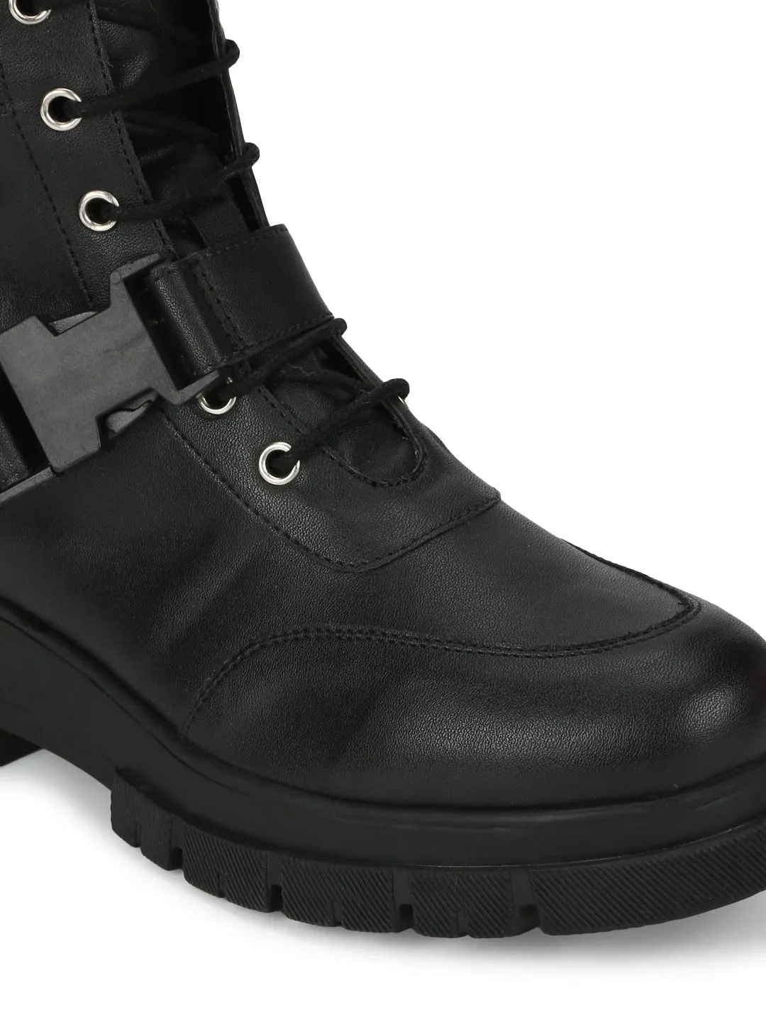 Black PU Lace Up Side Buckle Boots