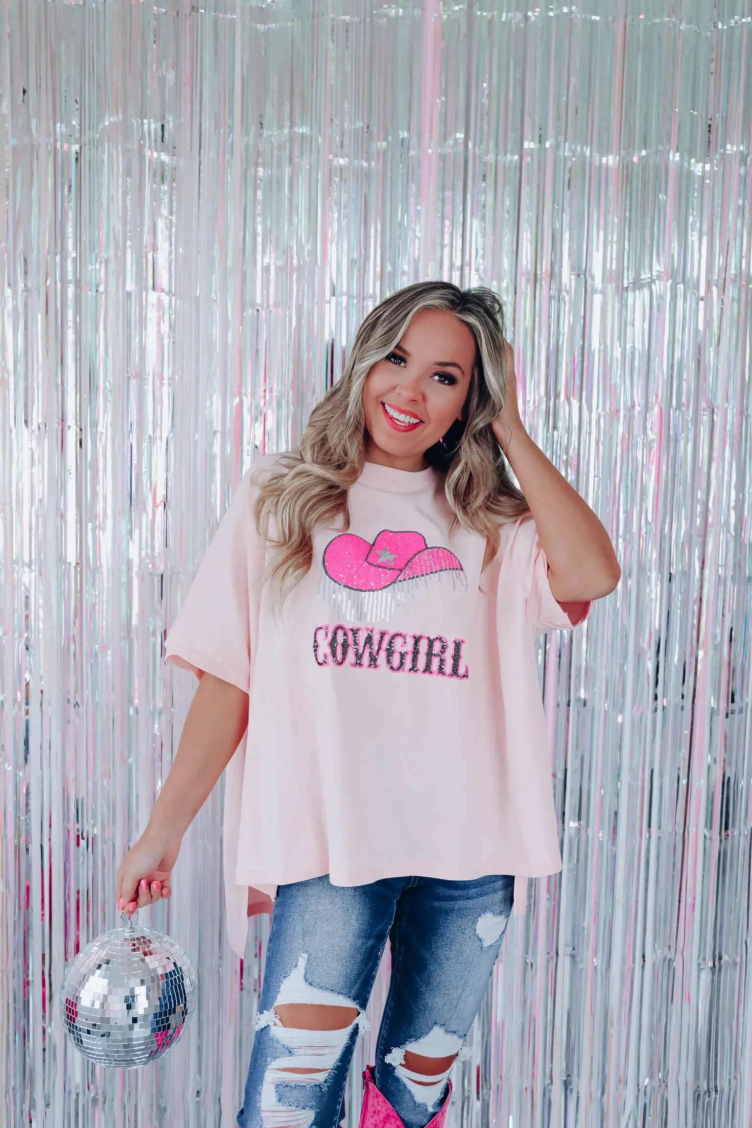 Blingy Cowgirl Hat Oversized Graphic Tee - Blush