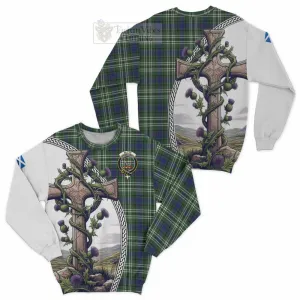 Blyth Tartan Sweatshirt with Family Crest and St. Andrew's Cross Accented by Thistle Vines