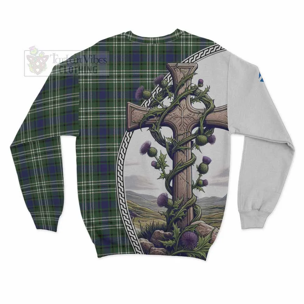 Blyth Tartan Sweatshirt with Family Crest and St. Andrew's Cross Accented by Thistle Vines