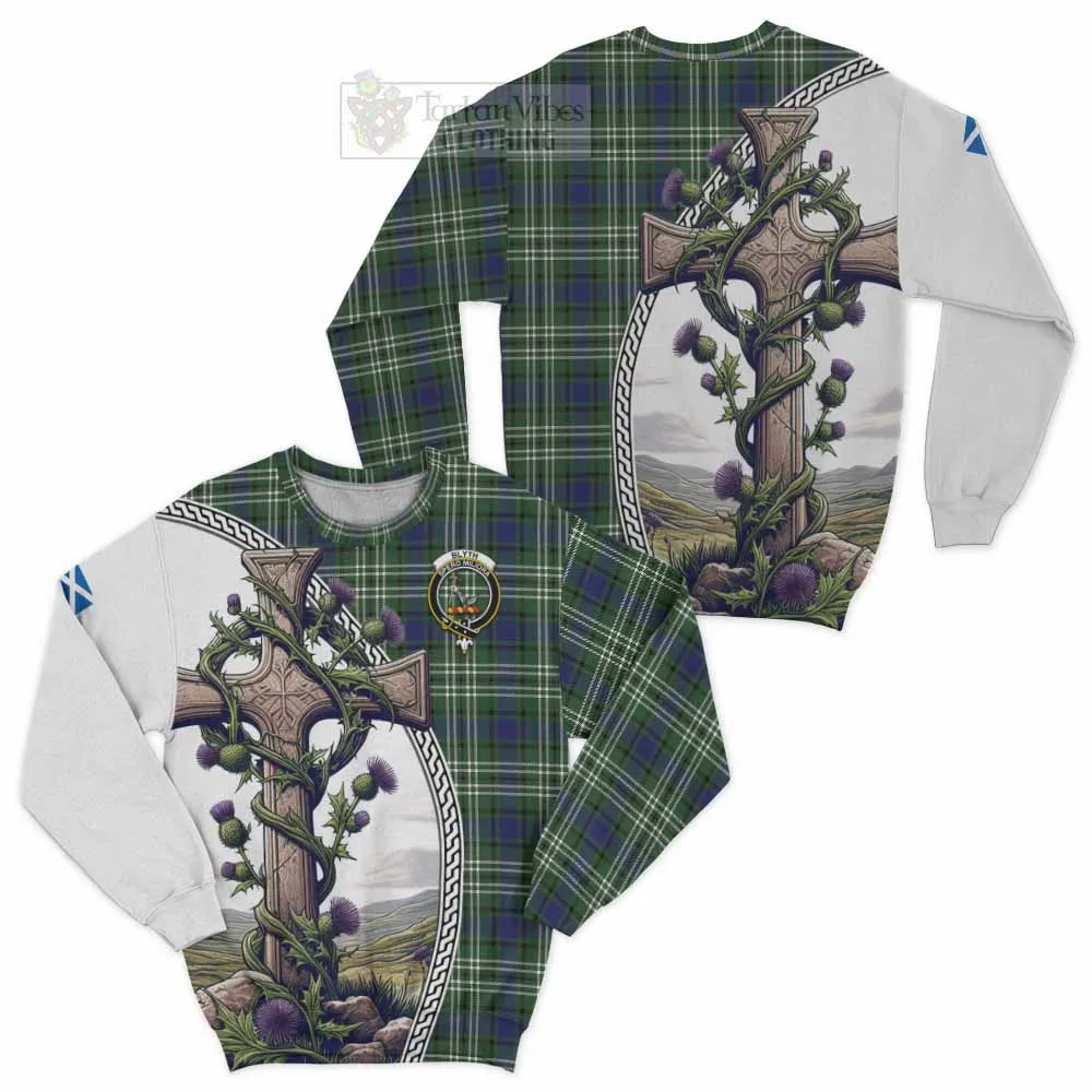 Blyth Tartan Sweatshirt with Family Crest and St. Andrew's Cross Accented by Thistle Vines