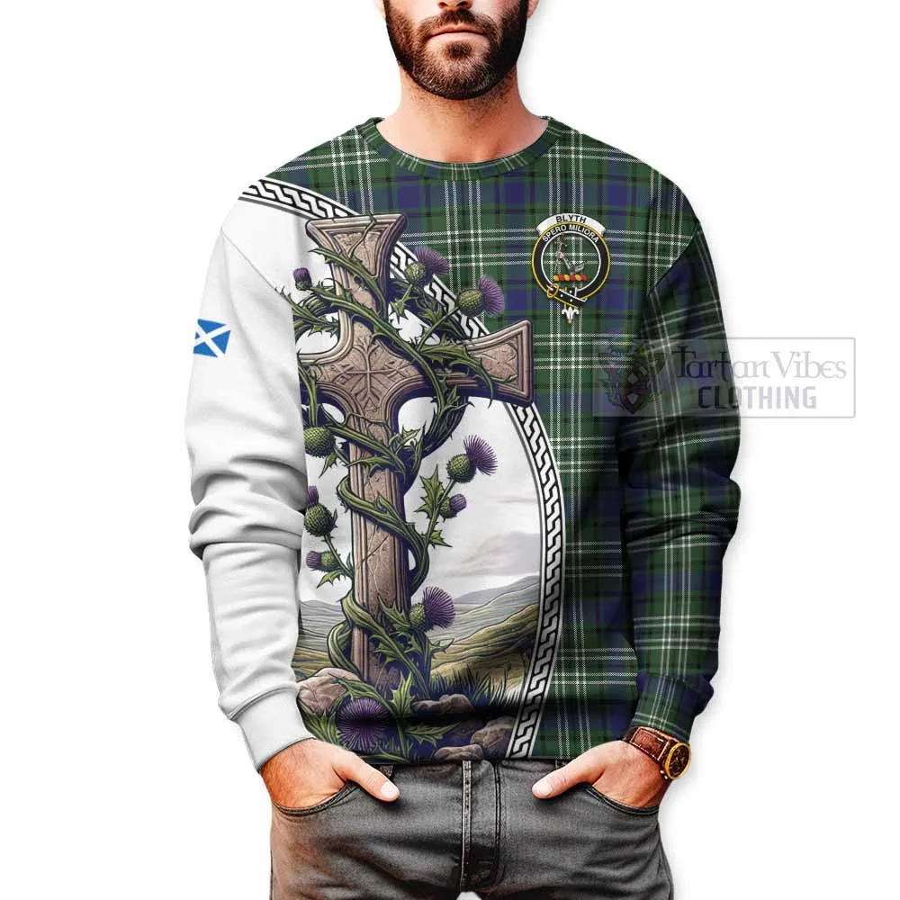 Blyth Tartan Sweatshirt with Family Crest and St. Andrew's Cross Accented by Thistle Vines