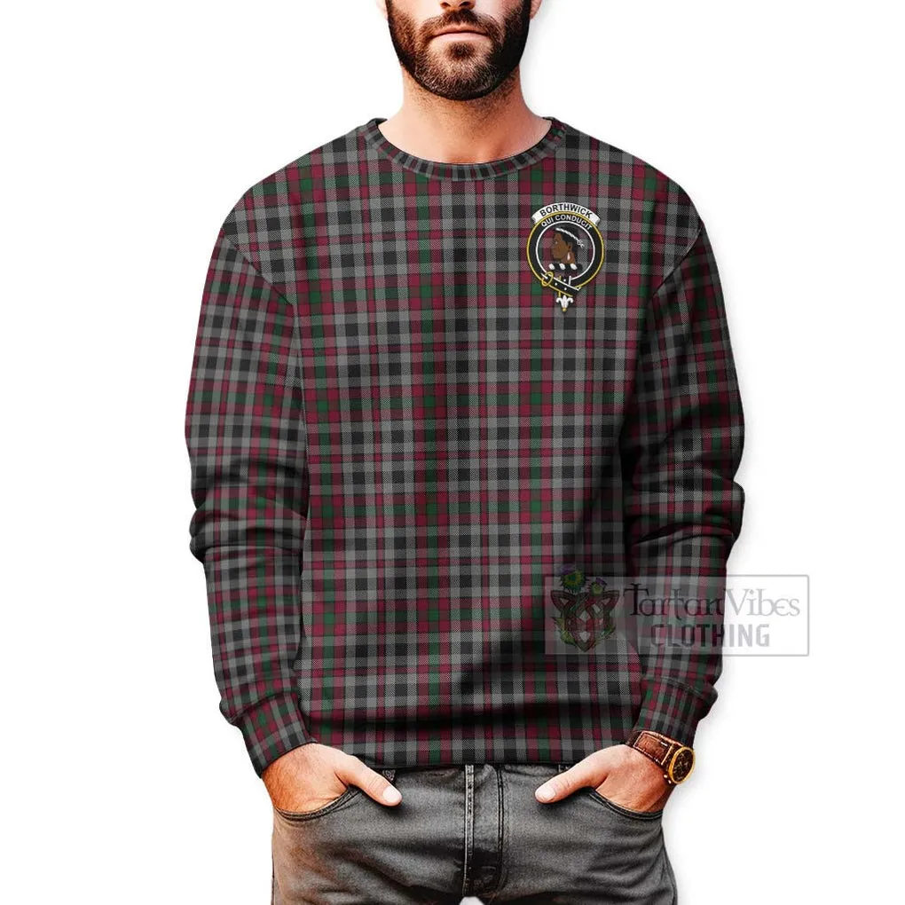 Borthwick Tartan Sweatshirt with Family Crest and Bearded Skull Holding Bottles of Whiskey