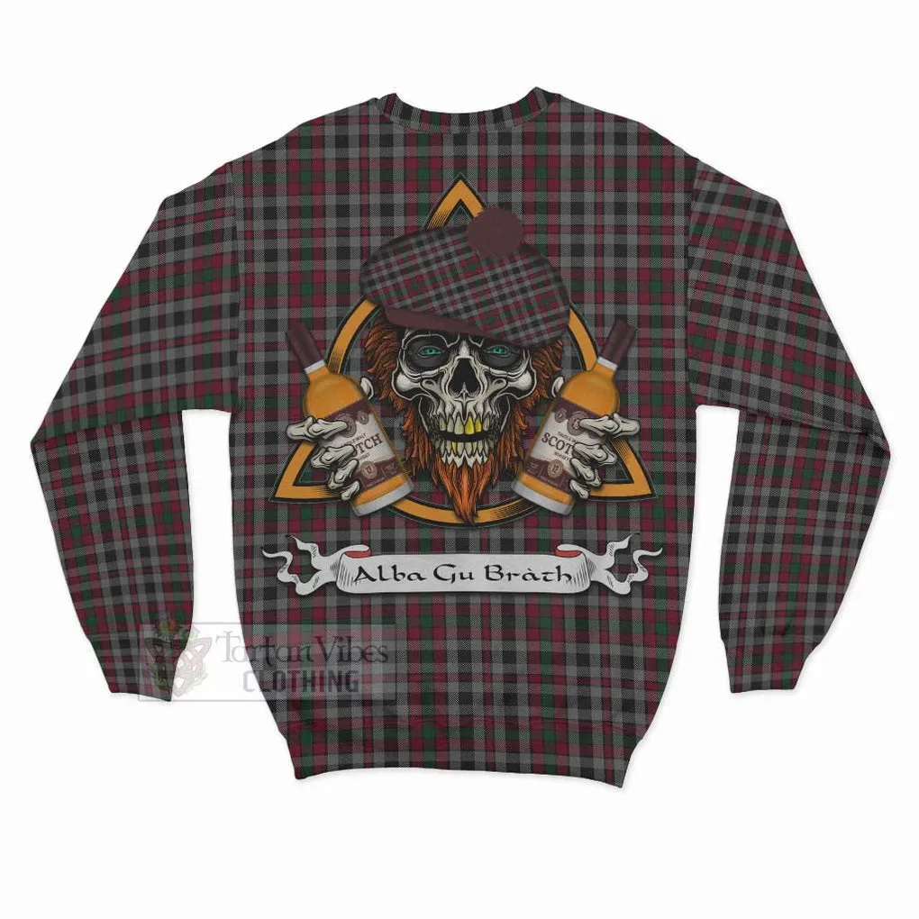 Borthwick Tartan Sweatshirt with Family Crest and Bearded Skull Holding Bottles of Whiskey