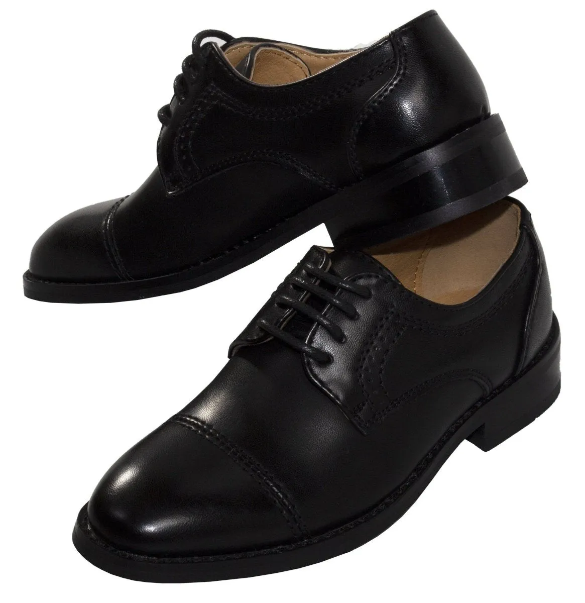 Boys Matte Black Cap Toe Lace-up Dress Shoes