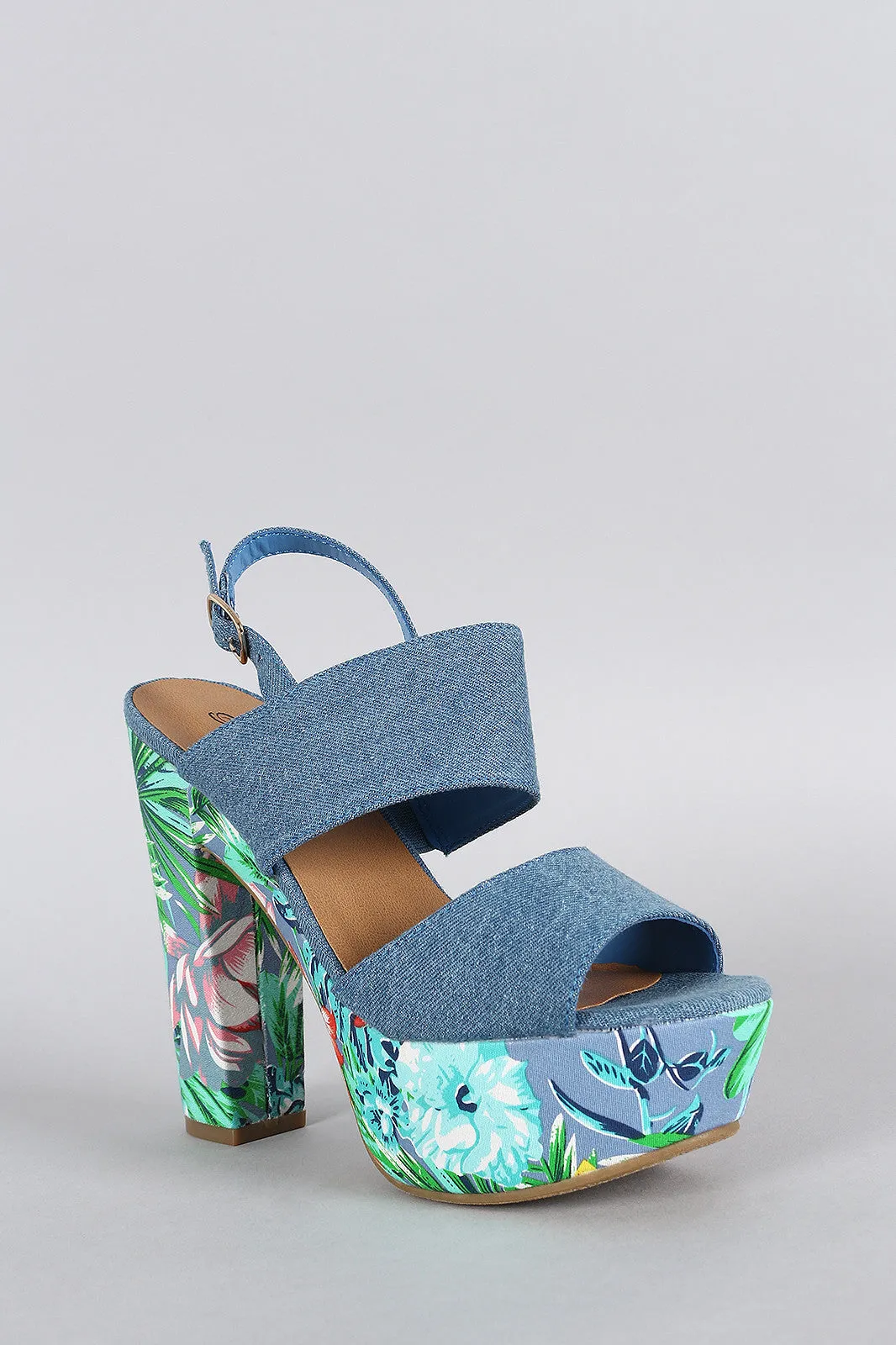 Breckelle Denim Floral Chunky Heel