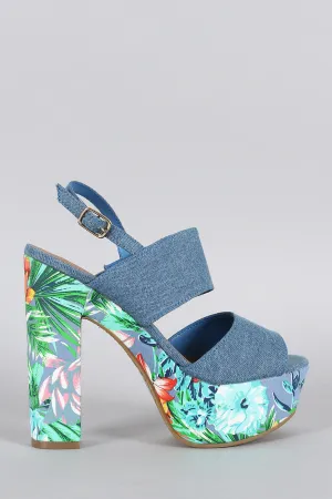 Breckelle Denim Floral Chunky Heel