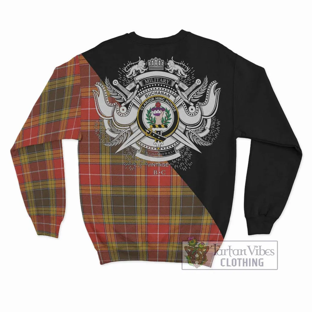 Buchanan Old Set Weathered Tartan Sweatshirt with Family Crest and Military Logo Style