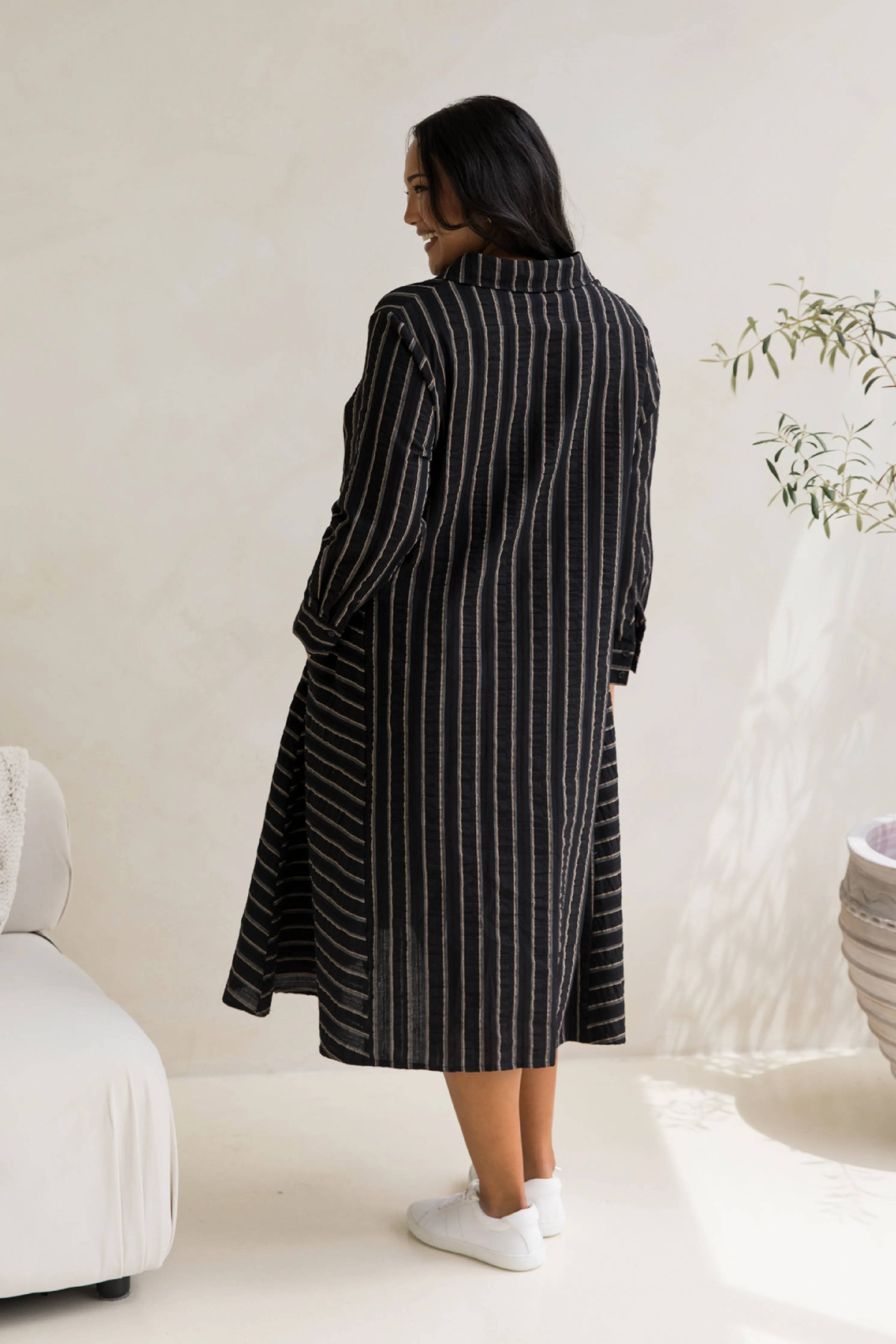 Cadillia Dress | Black/Beige Stripe