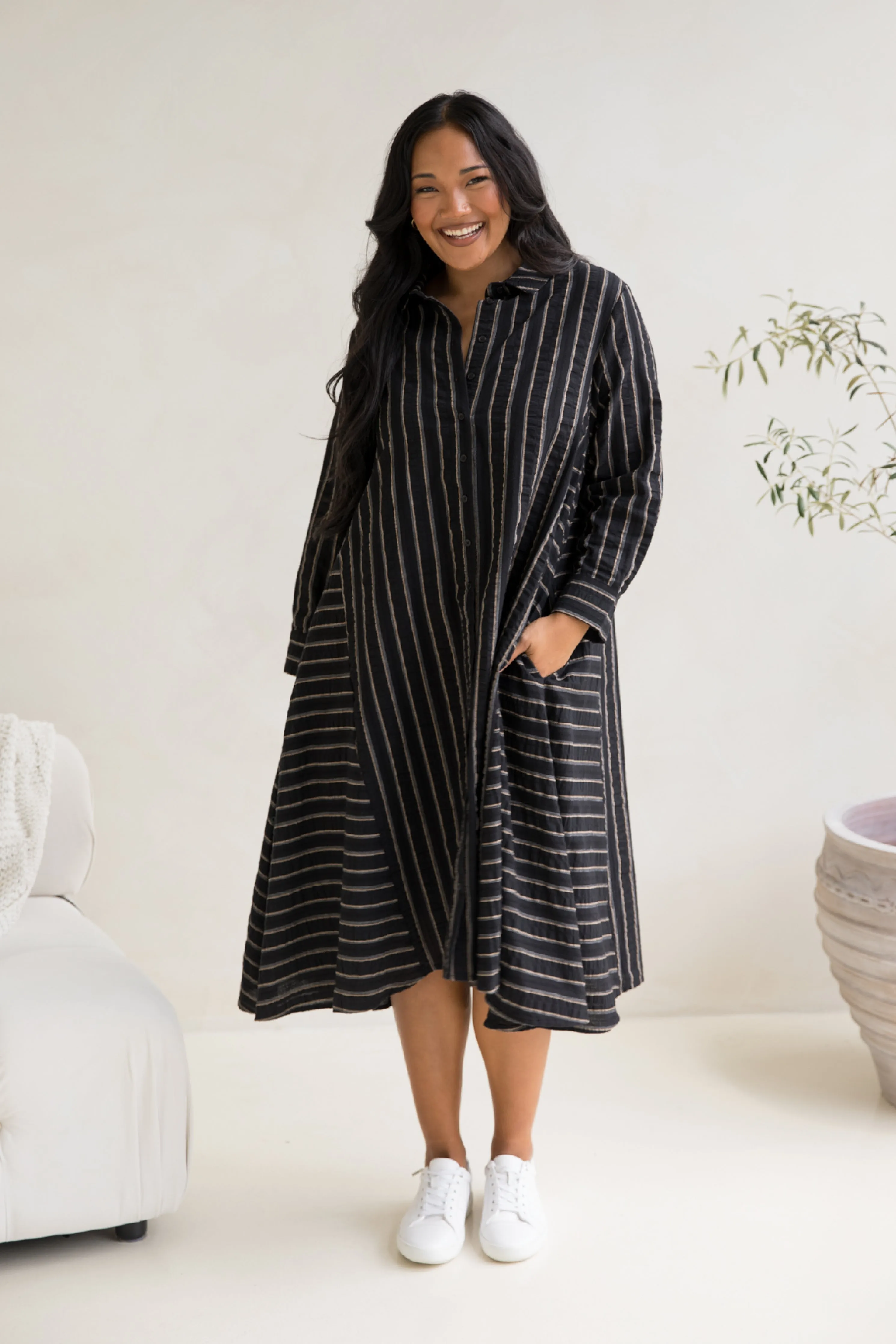 Cadillia Dress | Black/Beige Stripe