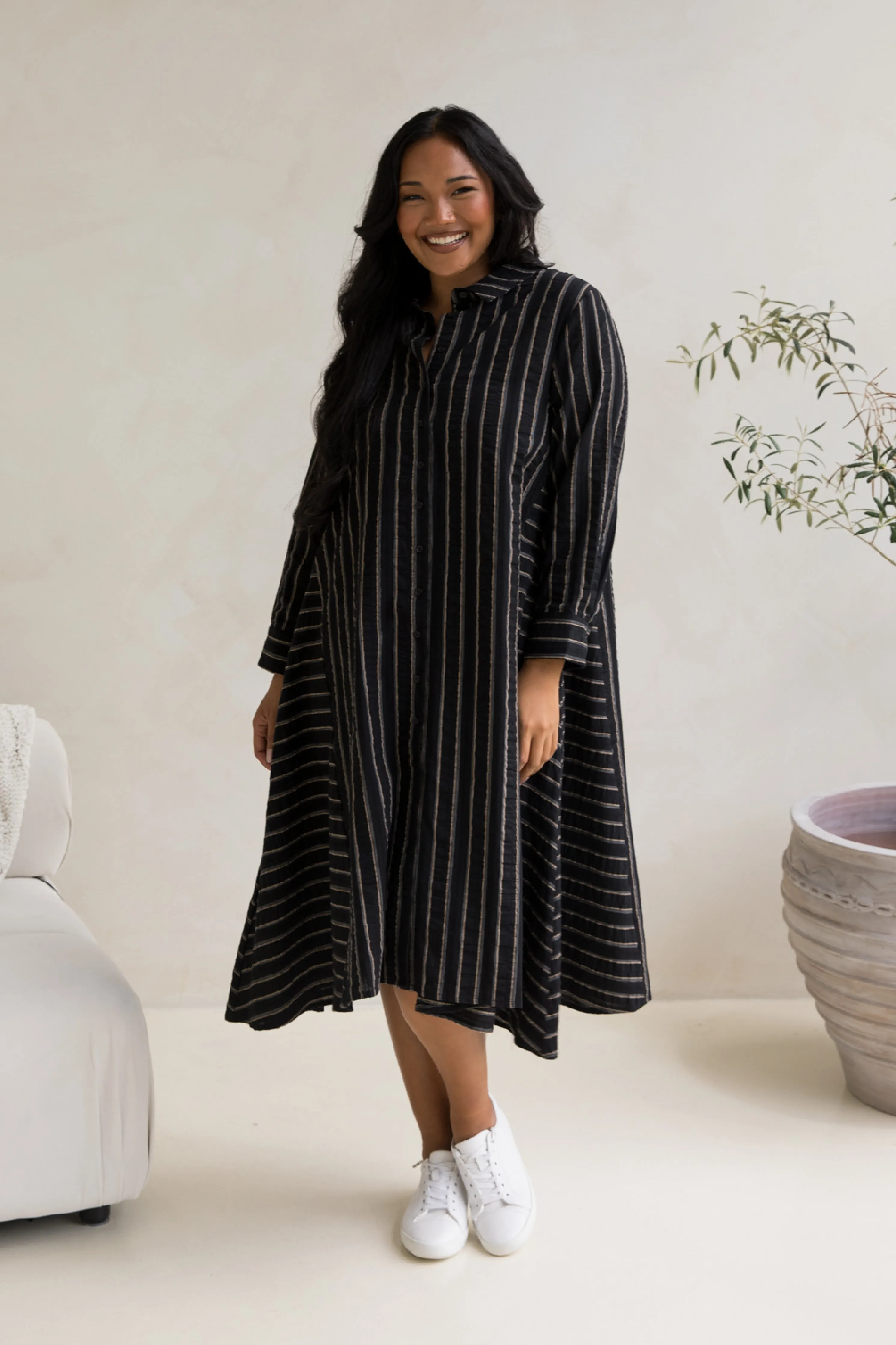 Cadillia Dress | Black/Beige Stripe