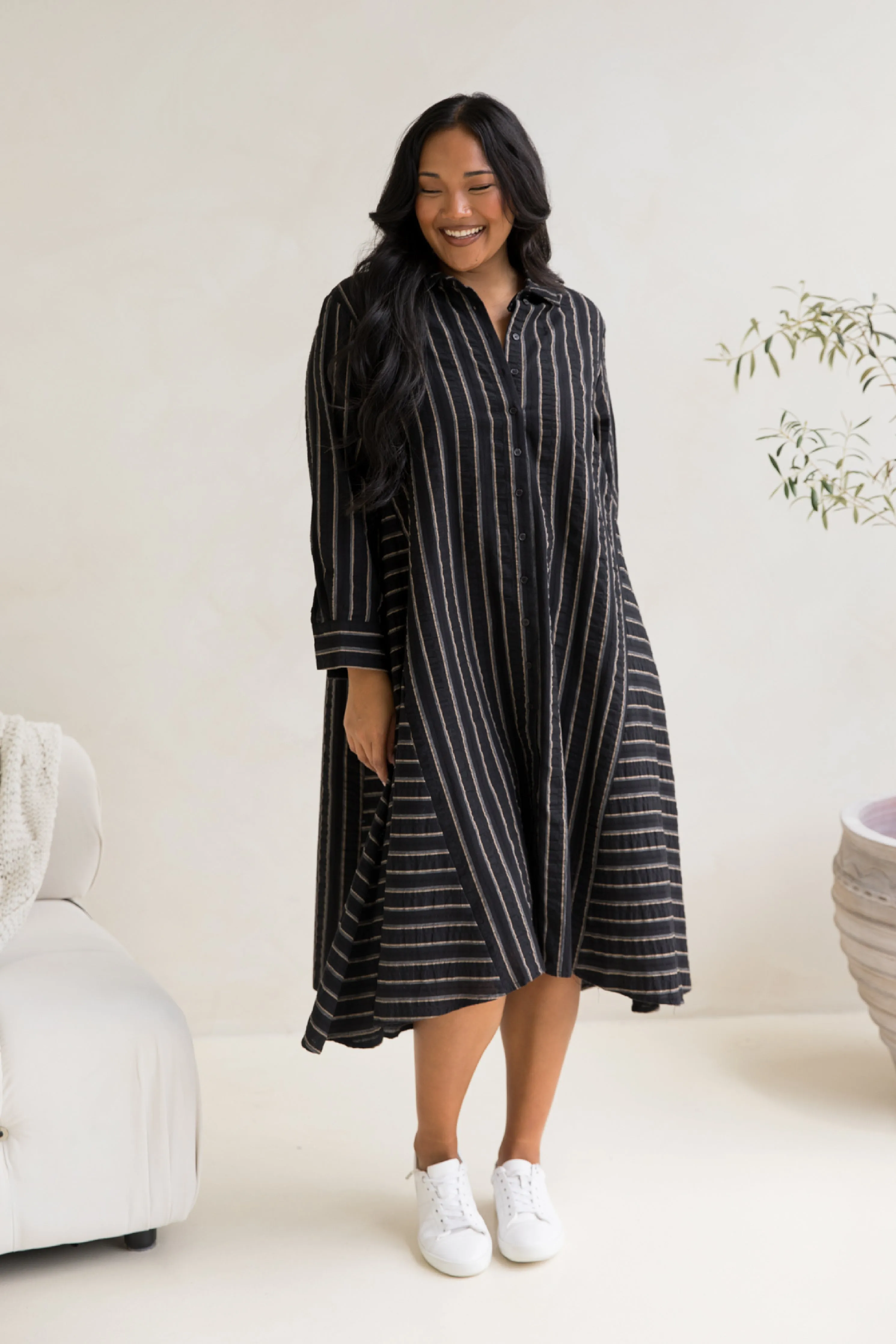 Cadillia Dress | Black/Beige Stripe