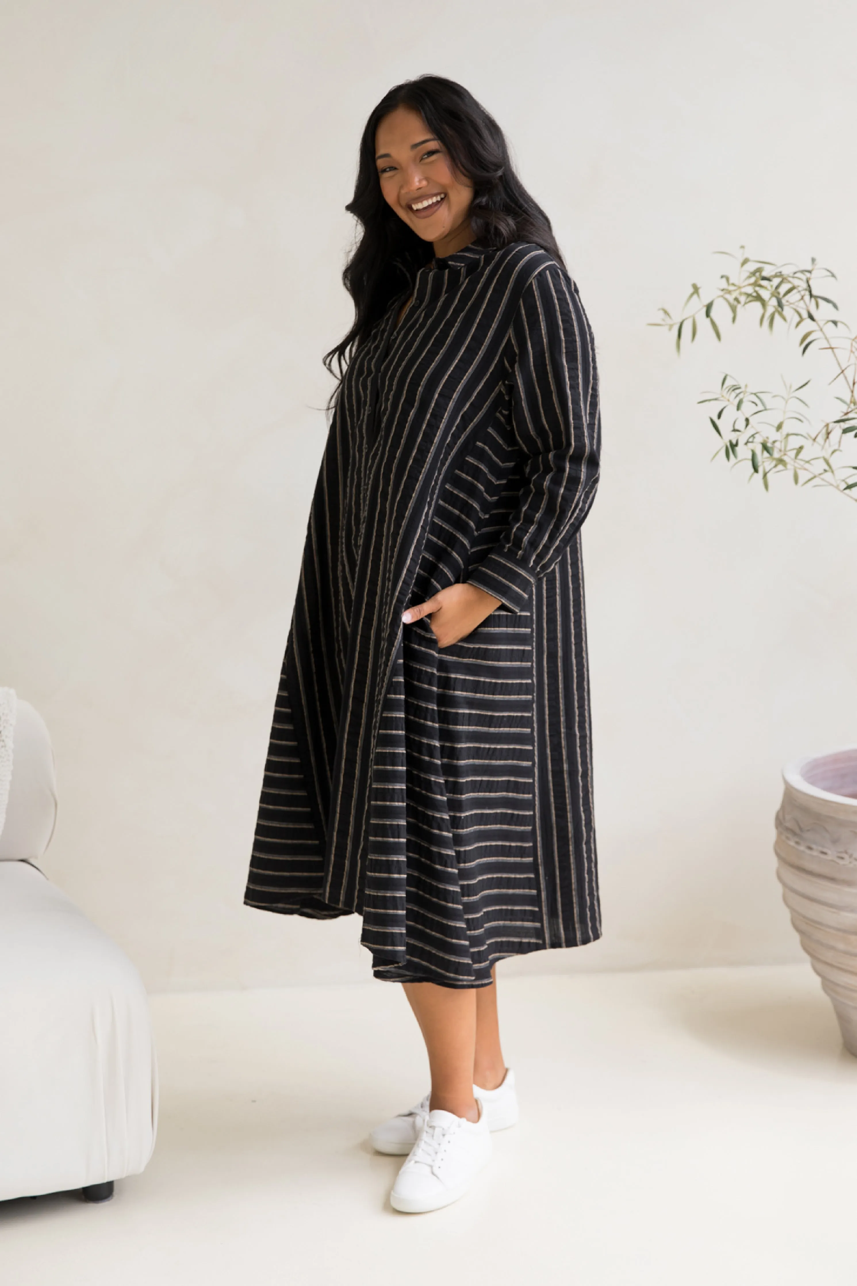 Cadillia Dress | Black/Beige Stripe