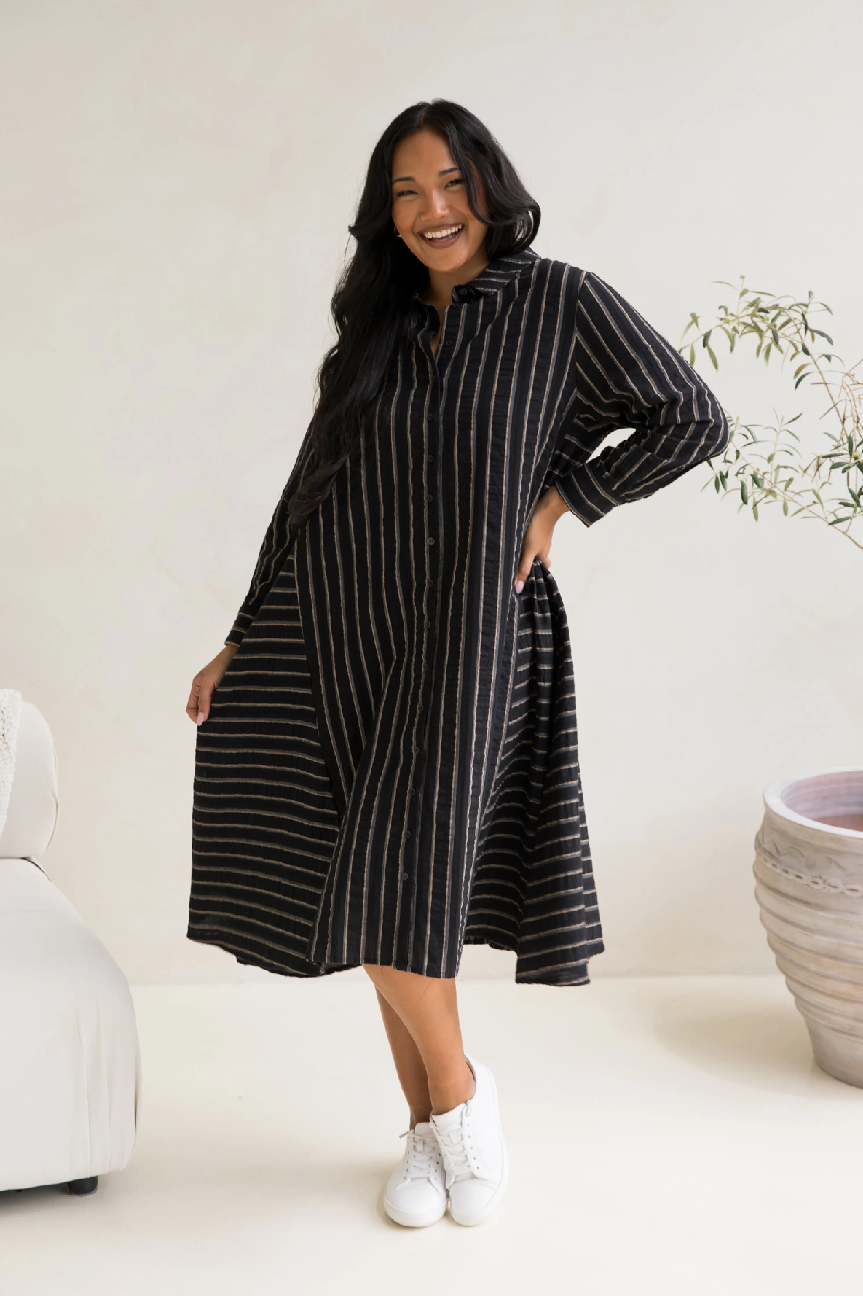 Cadillia Dress | Black/Beige Stripe