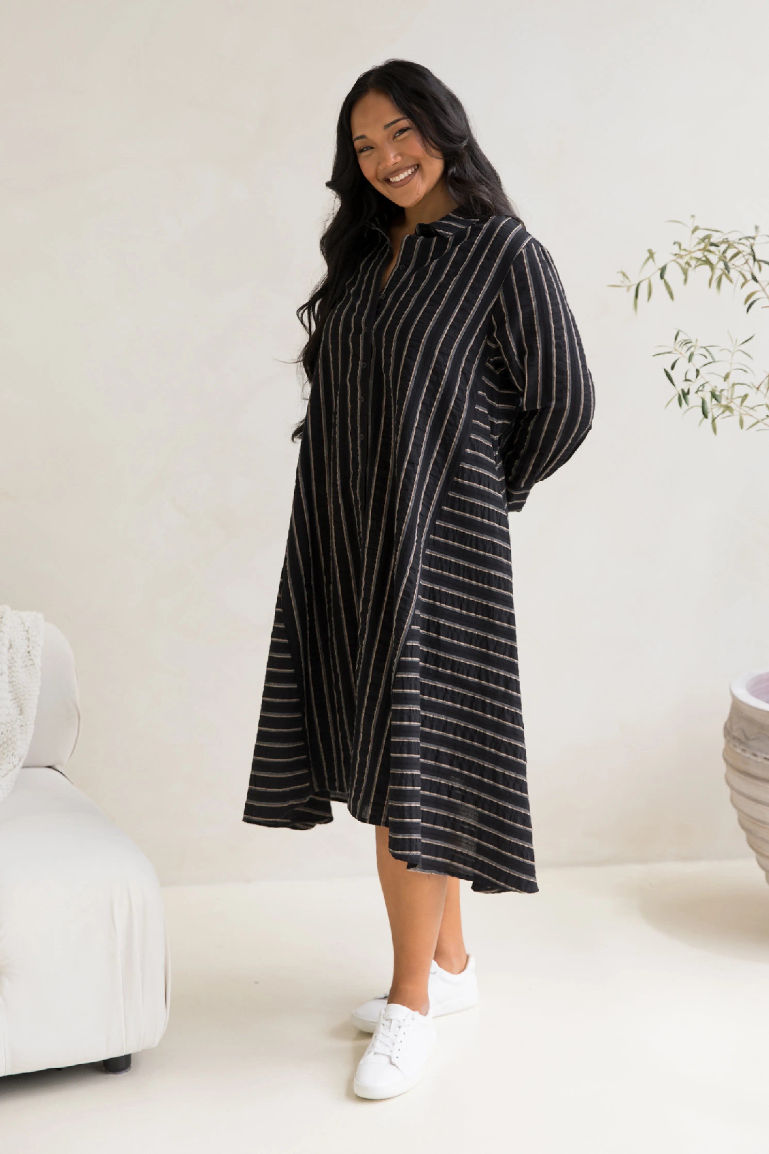 Cadillia Dress | Black/Beige Stripe