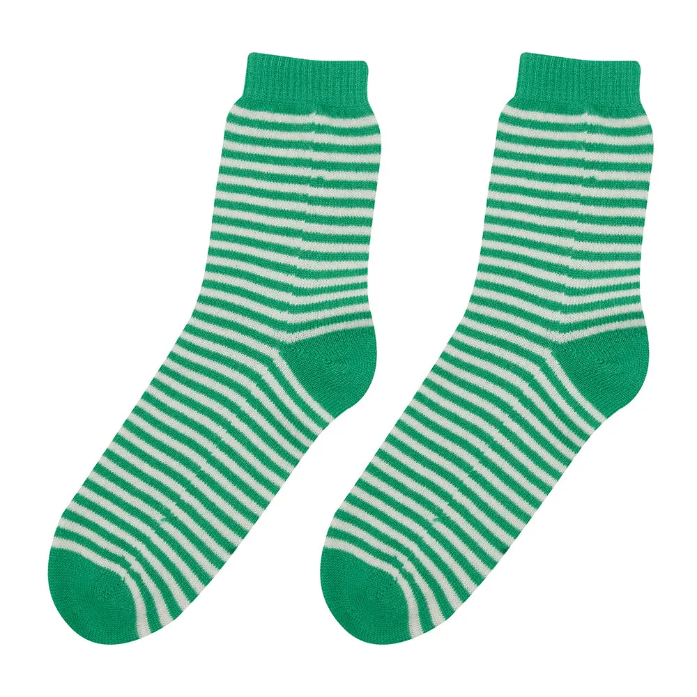 Cashmere Stripe Socks in Bright Green and Cream