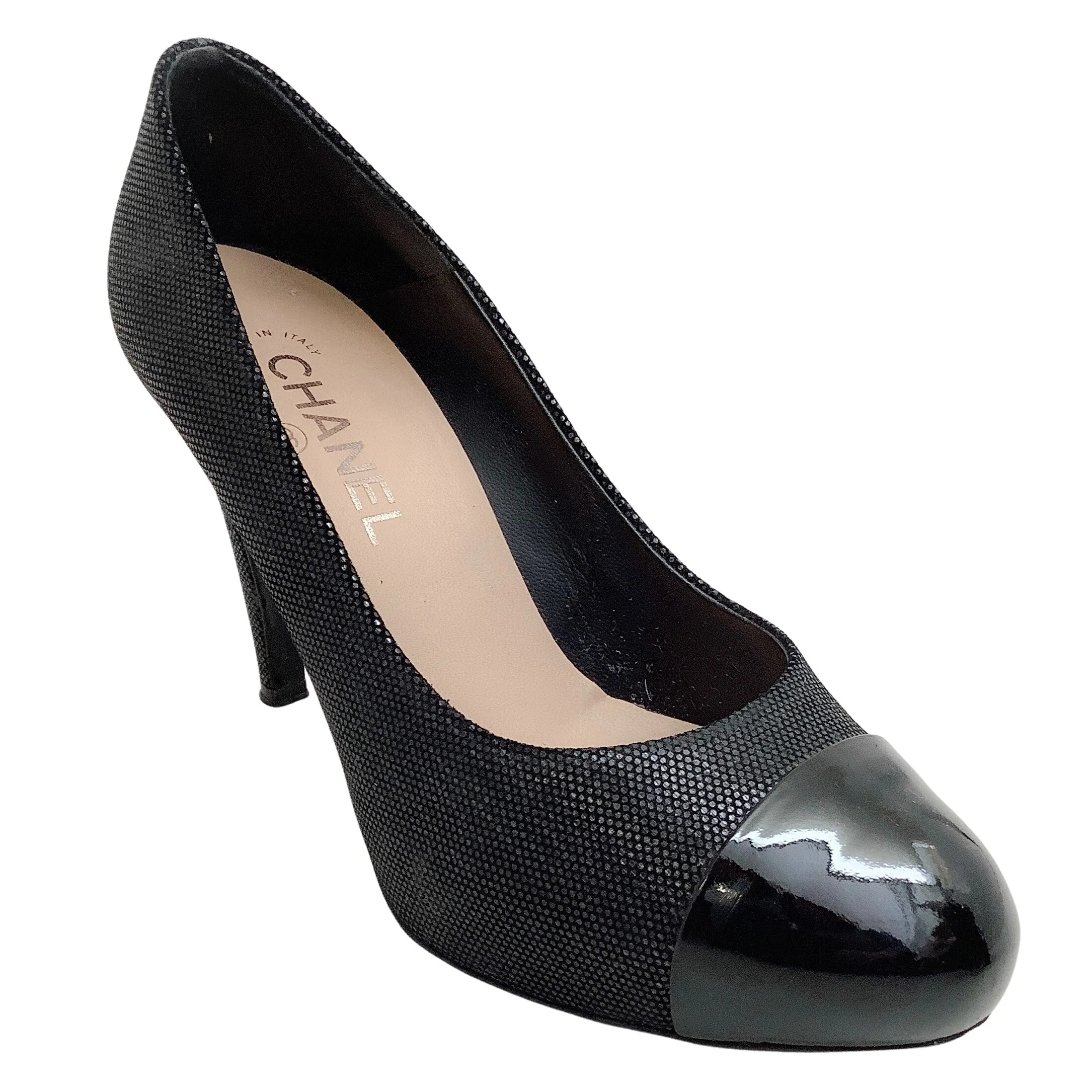 Chanel Black Platform Pumps with Patent Leather Cap Toe