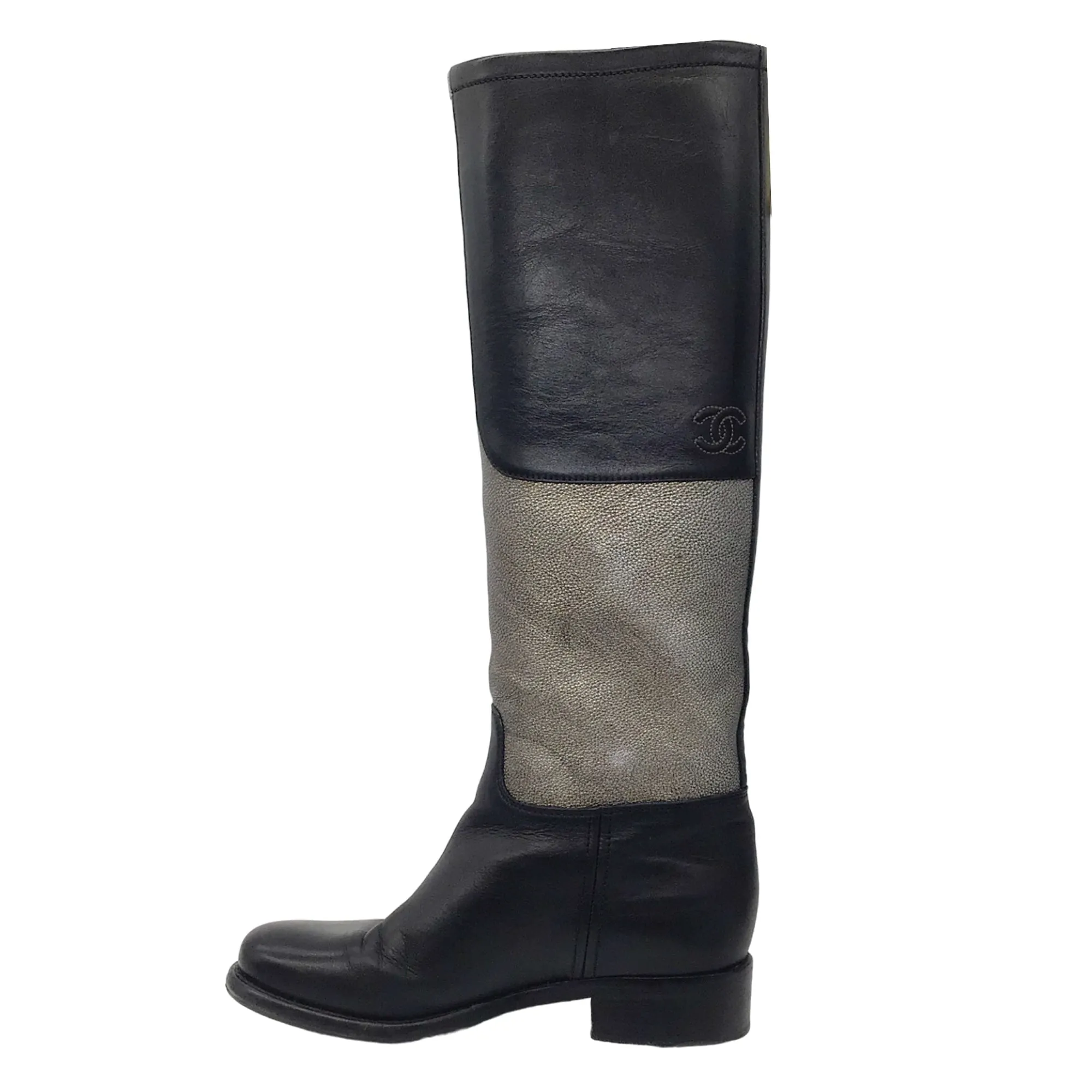 Chanel Black / Silver Metallic CC Logo Embossed Flat Tall Leather Riding Boots