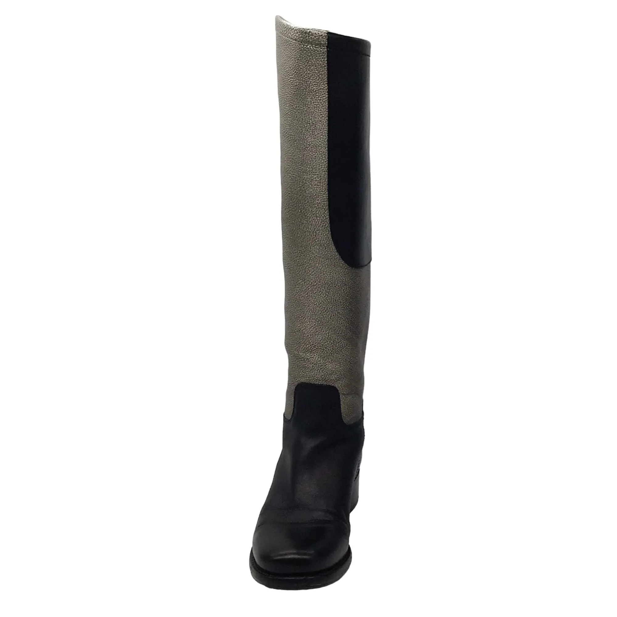 Chanel Black / Silver Metallic CC Logo Embossed Flat Tall Leather Riding Boots