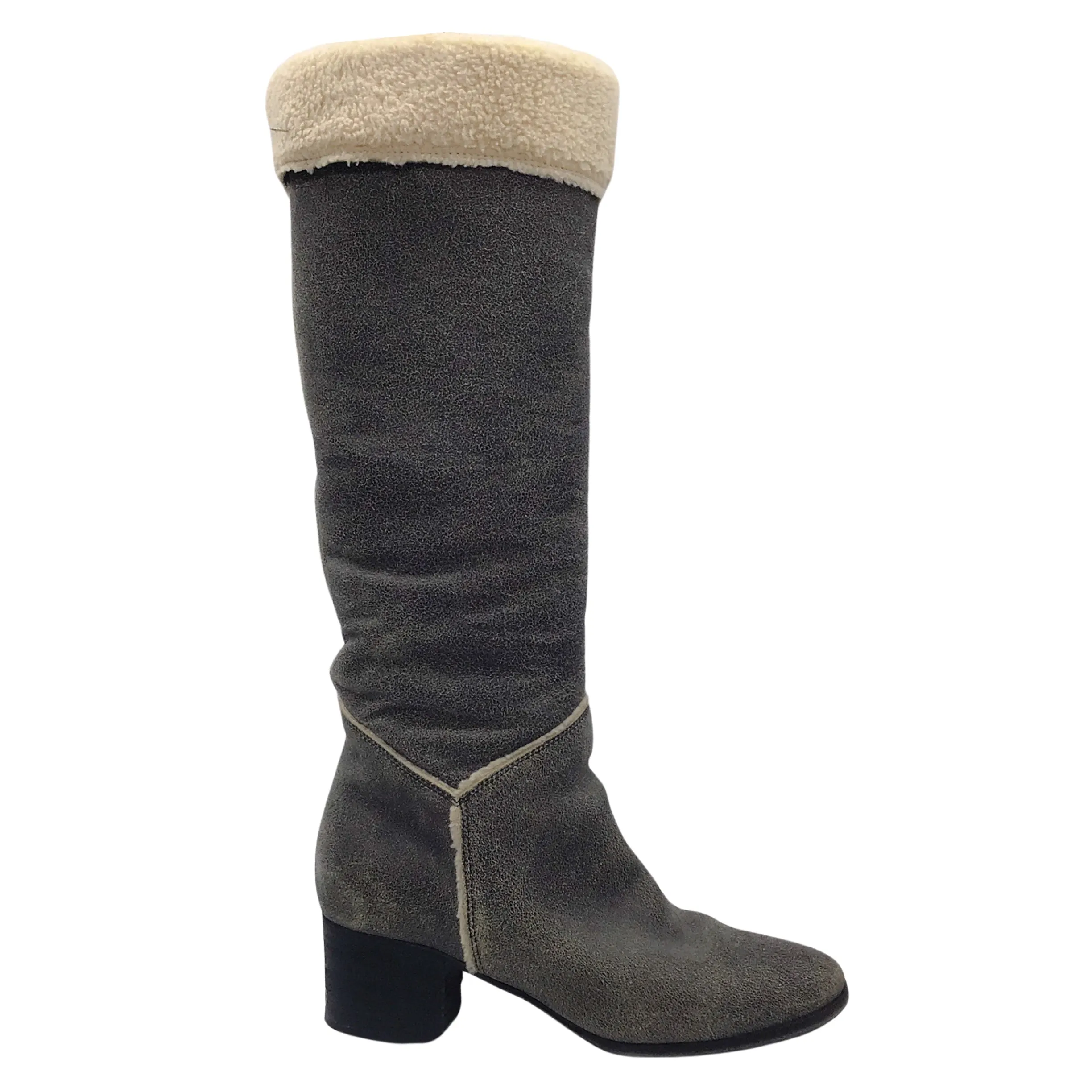 Chanel Grey / Ivory Shearling Lined CC Logo Tall Leather Boots