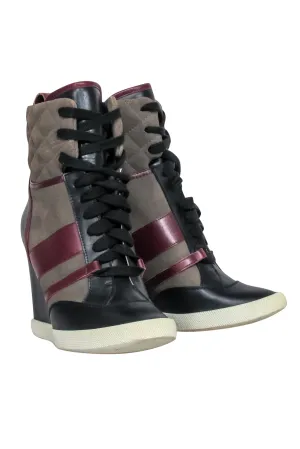 Chloe - Green, Maroon & Black Leather & Quilted Suede Wedge Sneaker Size 8.5