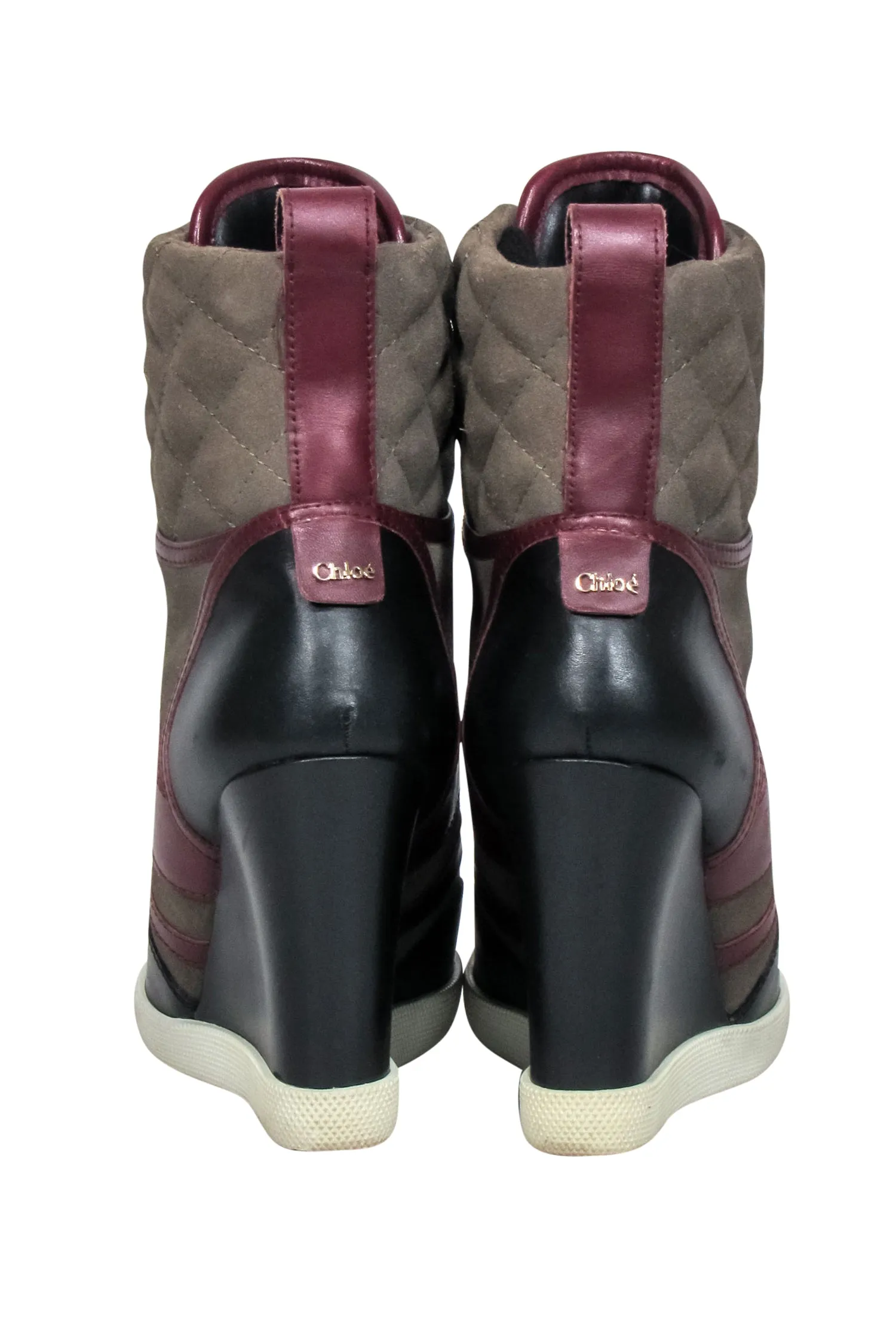 Chloe - Green, Maroon & Black Leather & Quilted Suede Wedge Sneaker Size 8.5