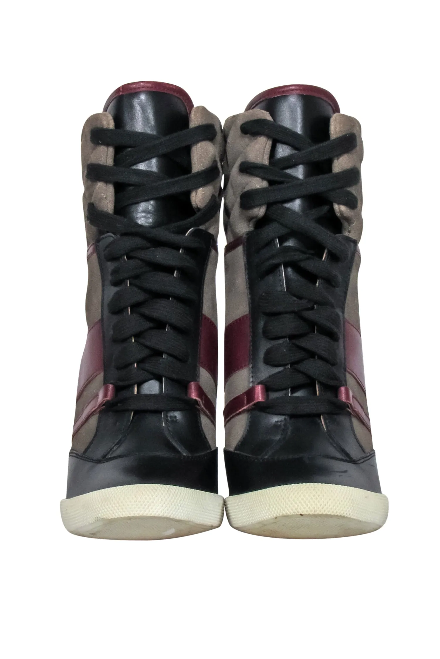 Chloe - Green, Maroon & Black Leather & Quilted Suede Wedge Sneaker Size 8.5