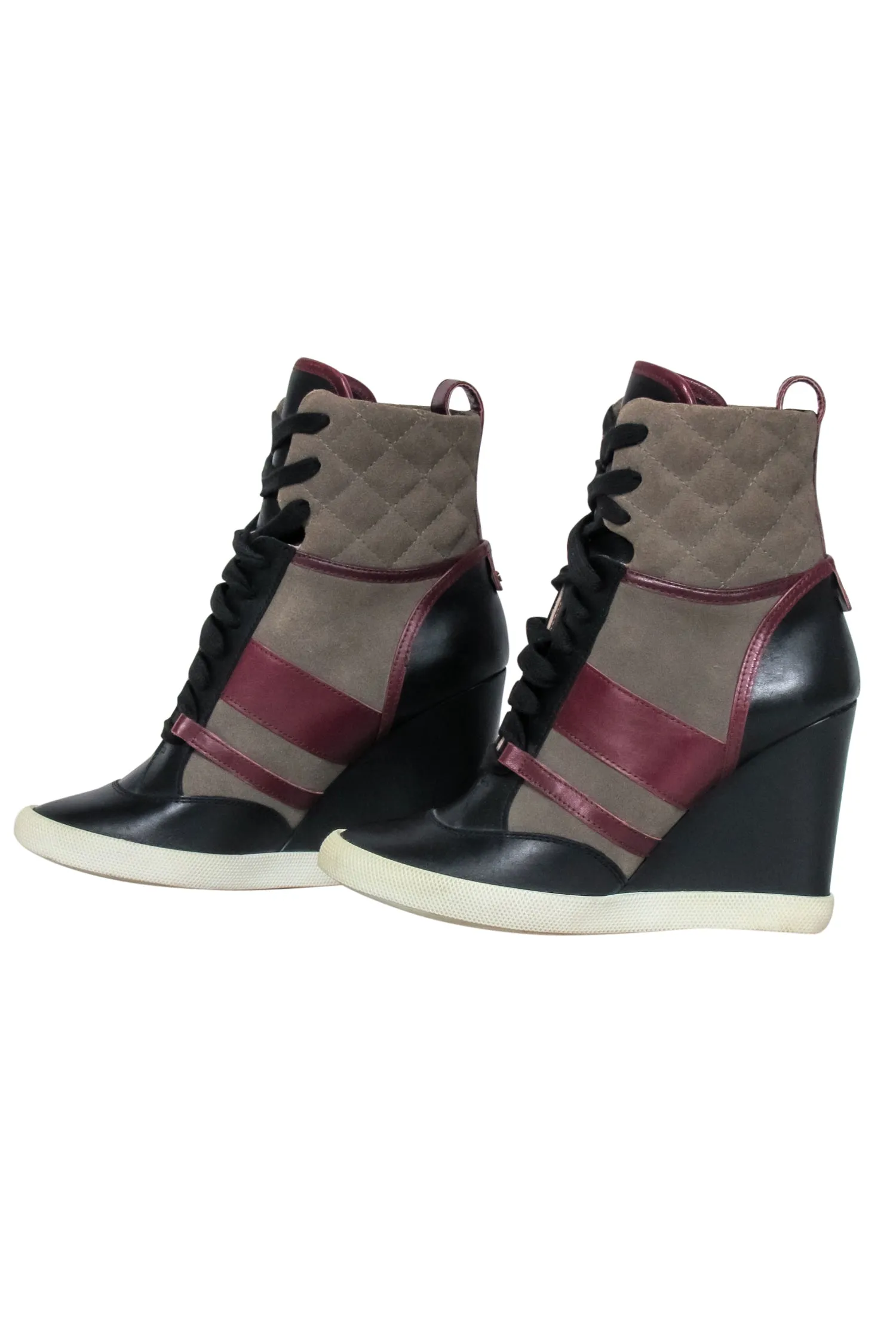 Chloe - Green, Maroon & Black Leather & Quilted Suede Wedge Sneaker Size 8.5