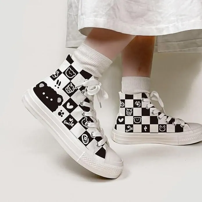 *CLEARANCE* Checkered Fluffy Bear High Top Canvas Shoes - Unisex