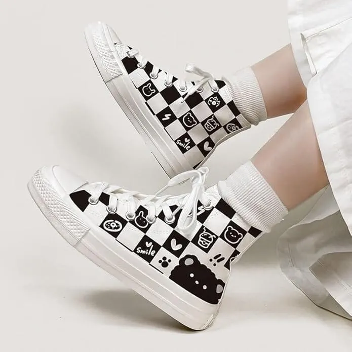 *CLEARANCE* Checkered Fluffy Bear High Top Canvas Shoes - Unisex