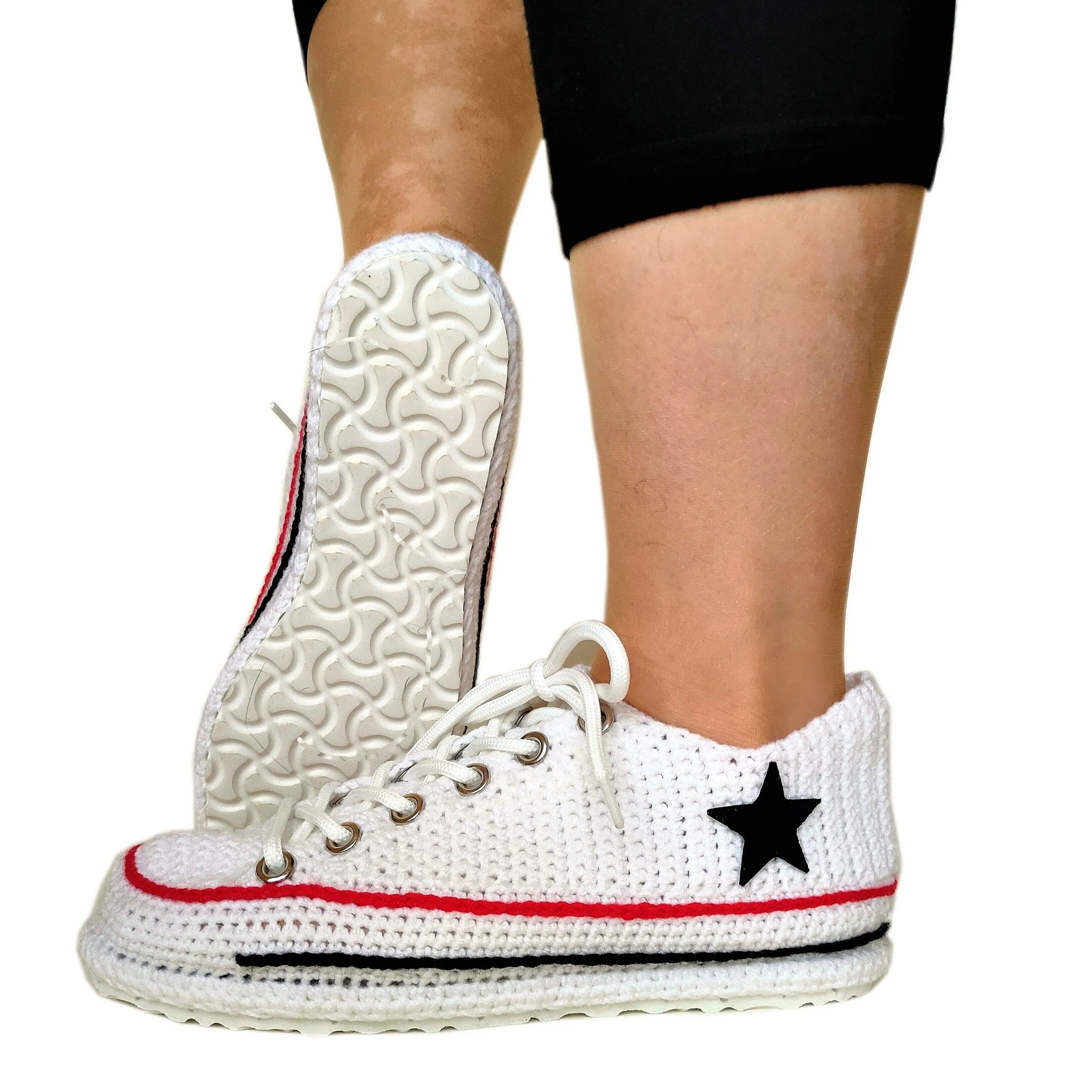 Converse Style White Handmade Plush Slippers Canvas House Sneakers