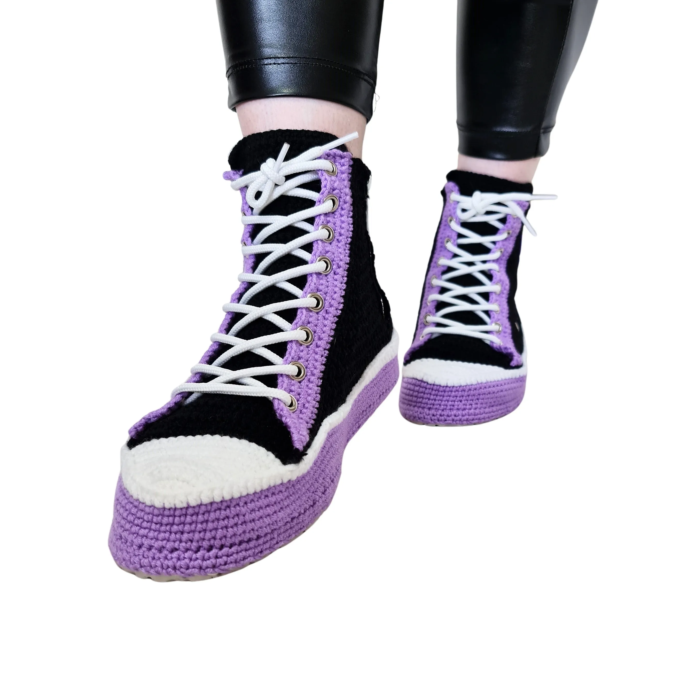 Crochet Knit Handmade Converse-Like Indoor Sneakers Purple Slippers